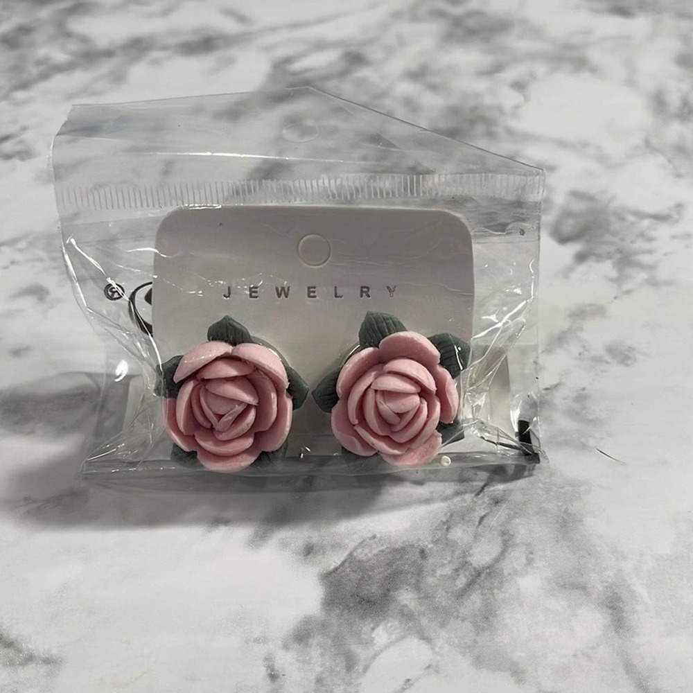 Pink Rose Stud Earrings Floral Statement with Rubber Backs NWT